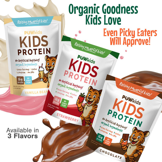 POWkids strawberry protein scoop emphasizes 16g protein per serving for growing kids.