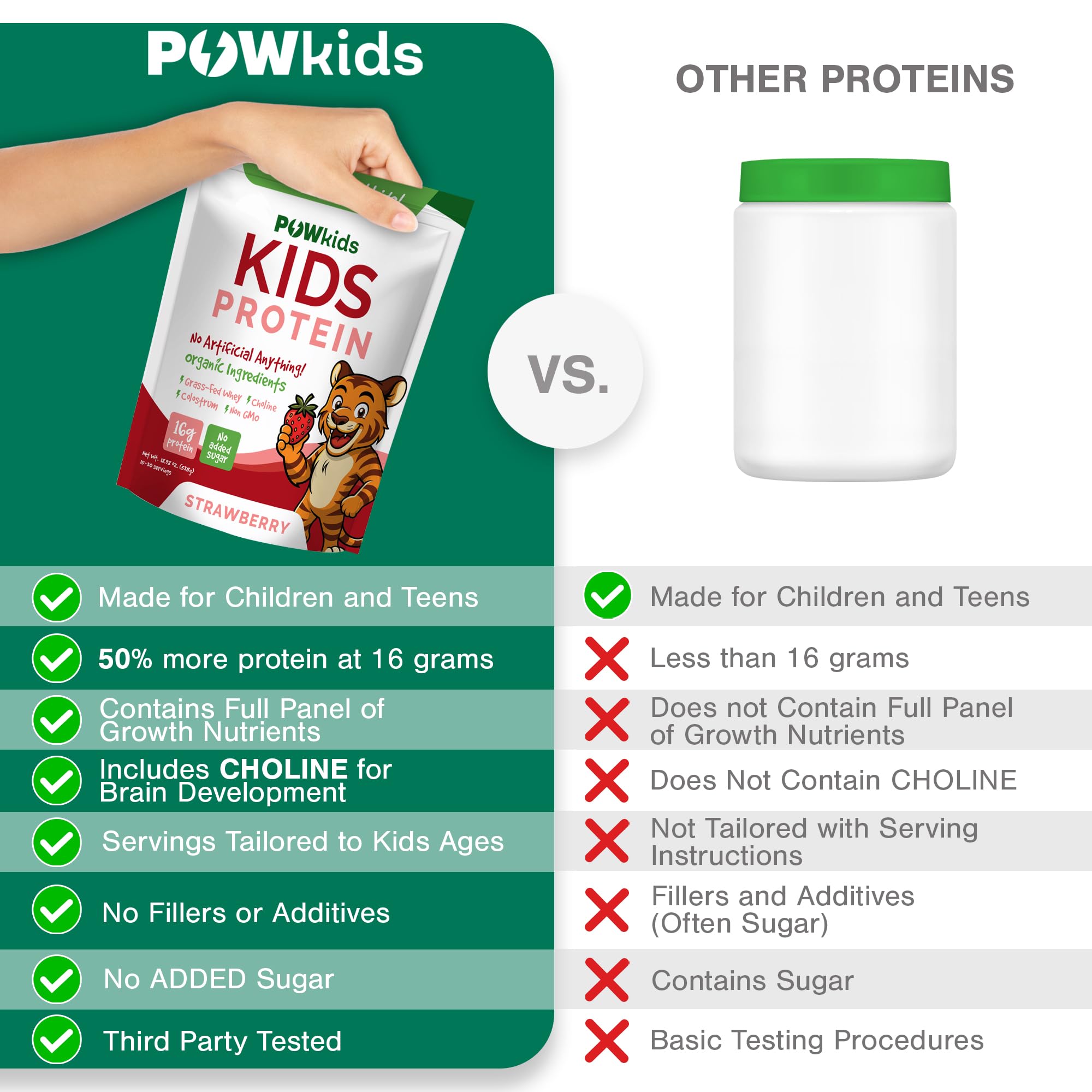 POWkids strawberry tub with spoon ready for quick, protein-packed shakes.