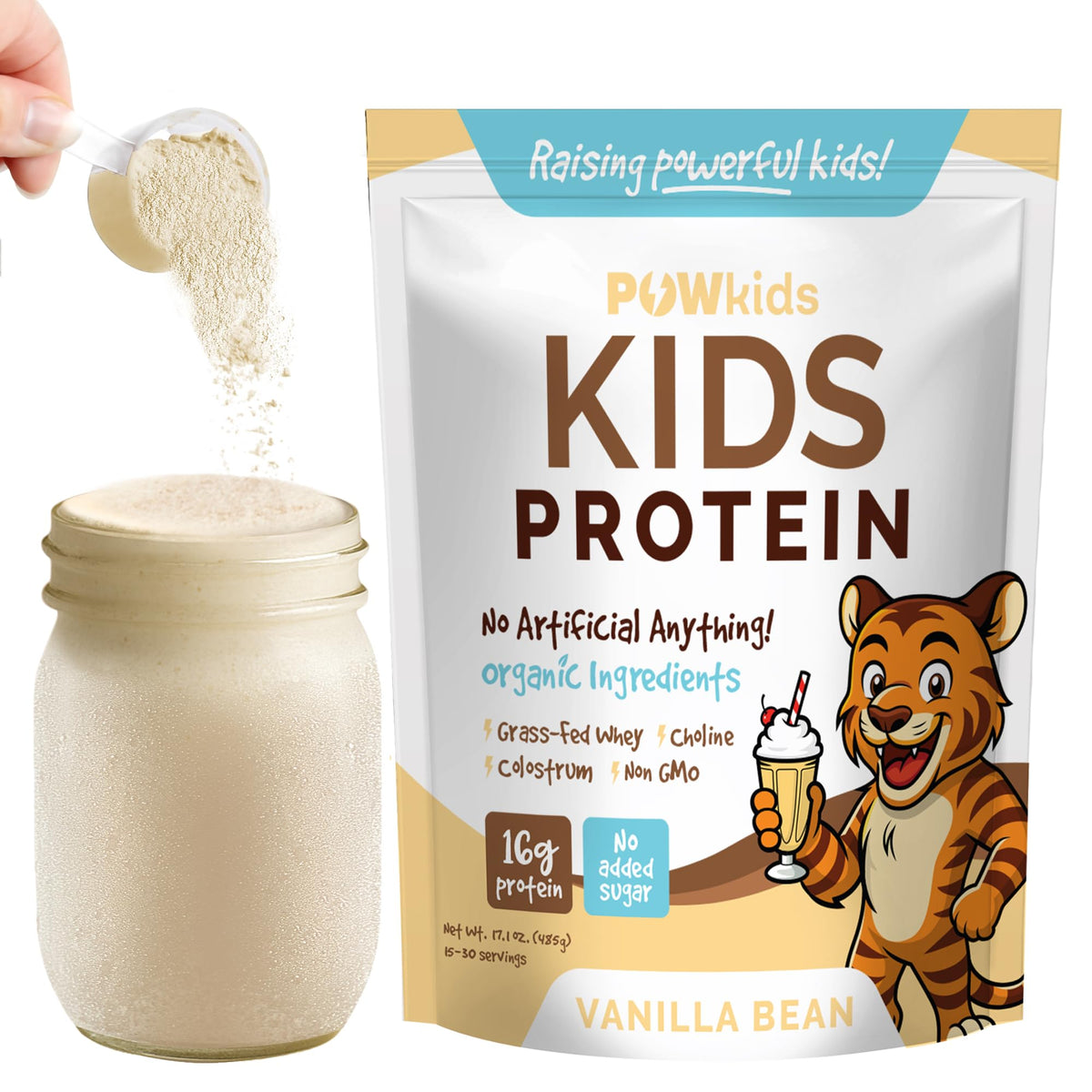 POWkids vanilla protein powder canister for kids, offering a tasty, clean shake base for school lunches.