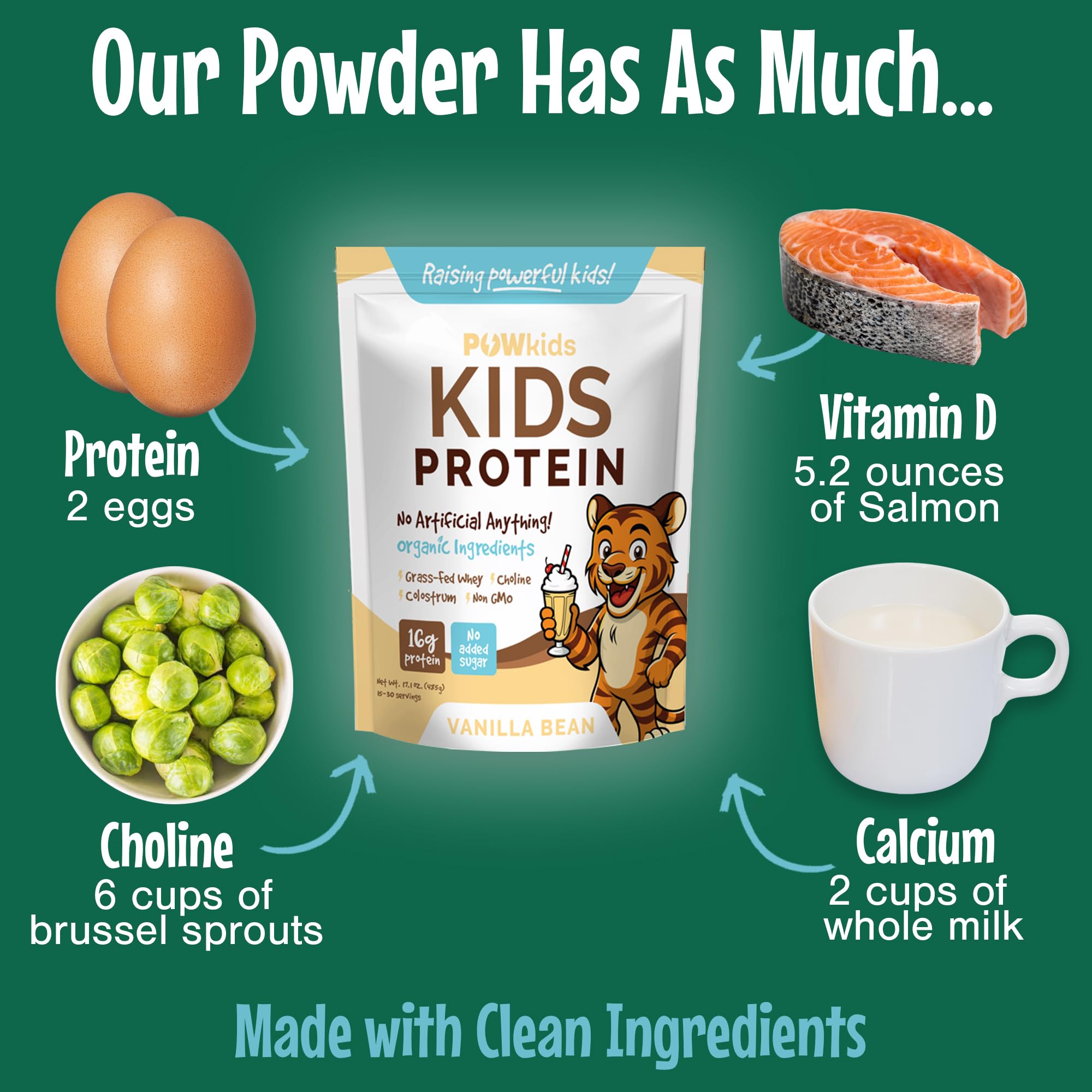 POWkids vanilla protein powder pouring into a glass, perfect for after-school activities.