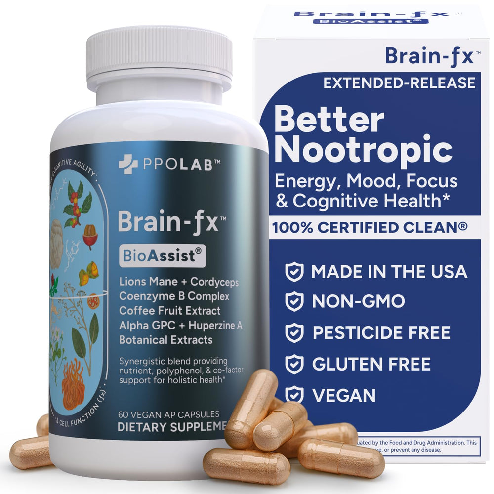 PPO Lab Brain-fx extended-release bottle front view promotes steady daily focus.