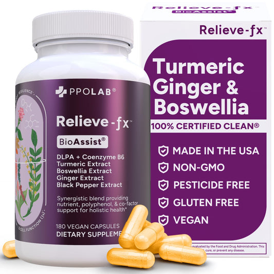 PPO Lab Relieve-fx DLPA Boswellia Turmeric Ginger capsules on a bottle for joint support