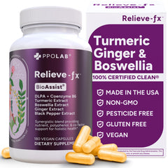 PPO Lab Relieve-fx DLPA Boswellia Turmeric Ginger capsules on a bottle for joint support