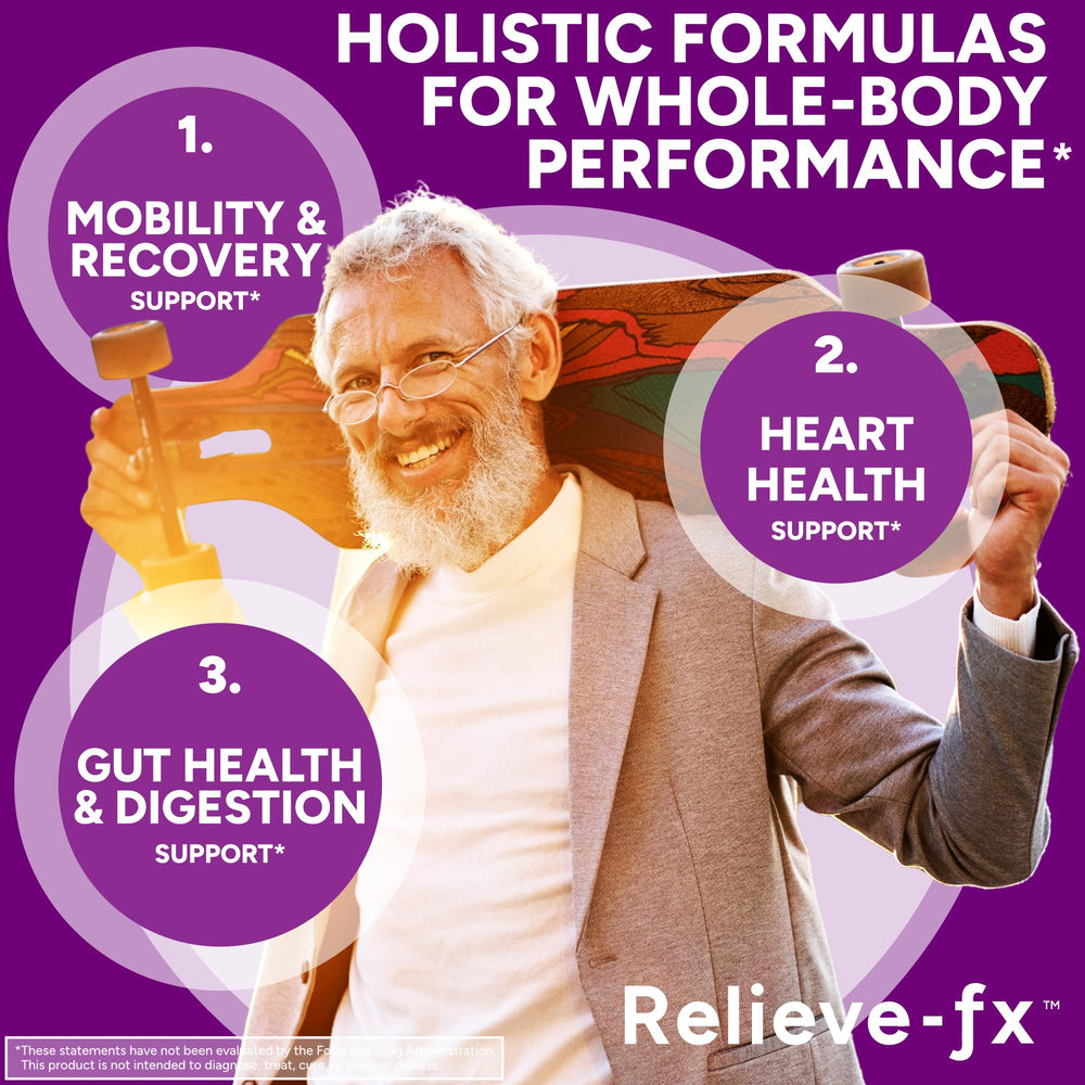 Relieve-fx ingredient label close-up highlighting vegan, non-GMO formula