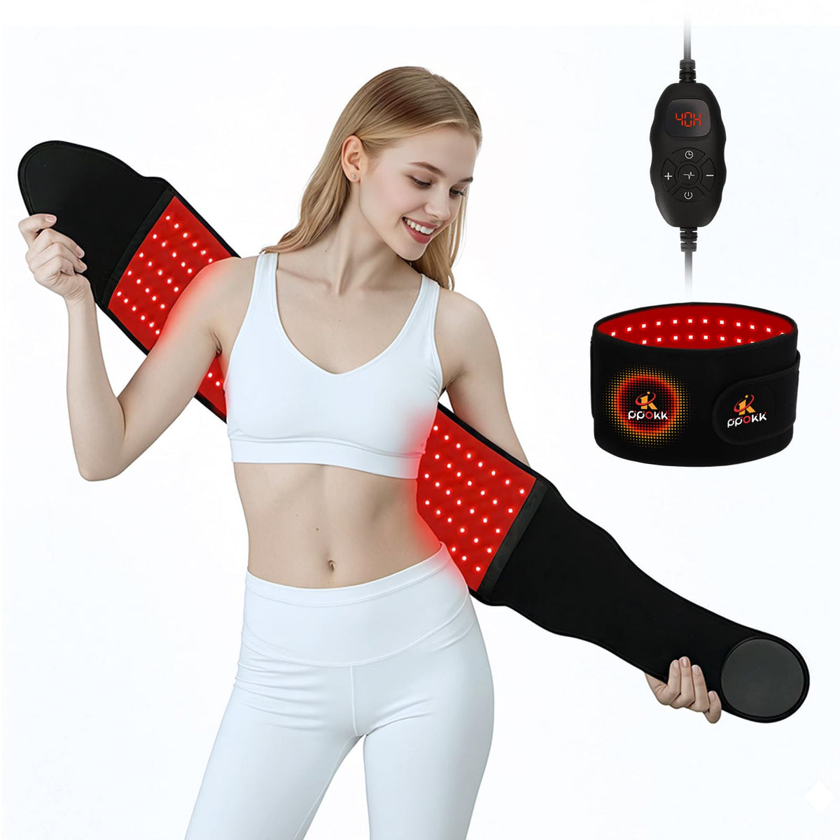 PPOKK red-light therapy belt close-up shows LED beads for targeted use