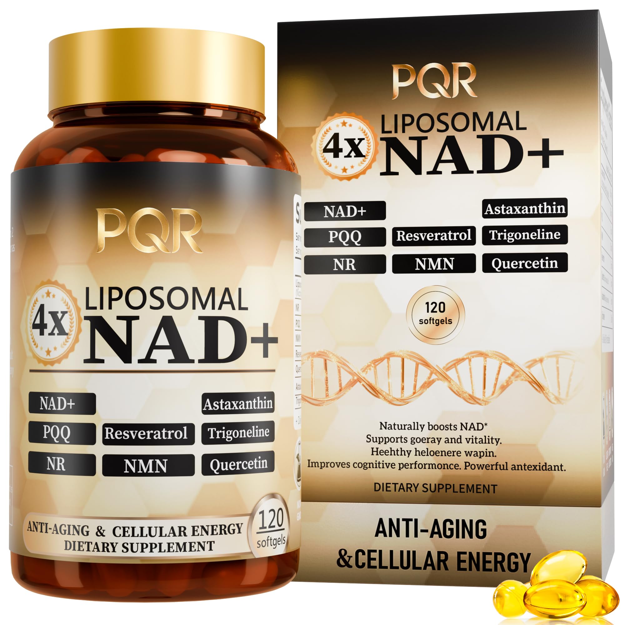 PQR NAD 1200mg bottle highlights dosage and packaging for enhanced cellular energy.