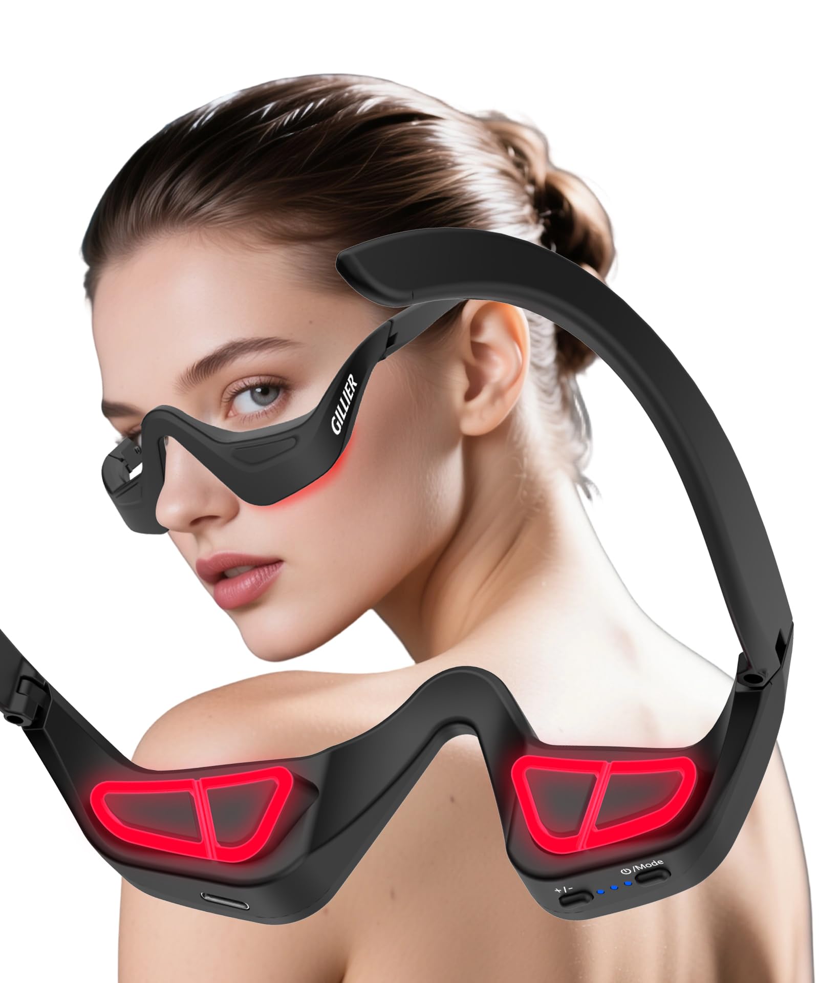 PQSNZ Eye Red Light Therapy Glasses front view with 7-color LEDs for at-home rejuvenation.