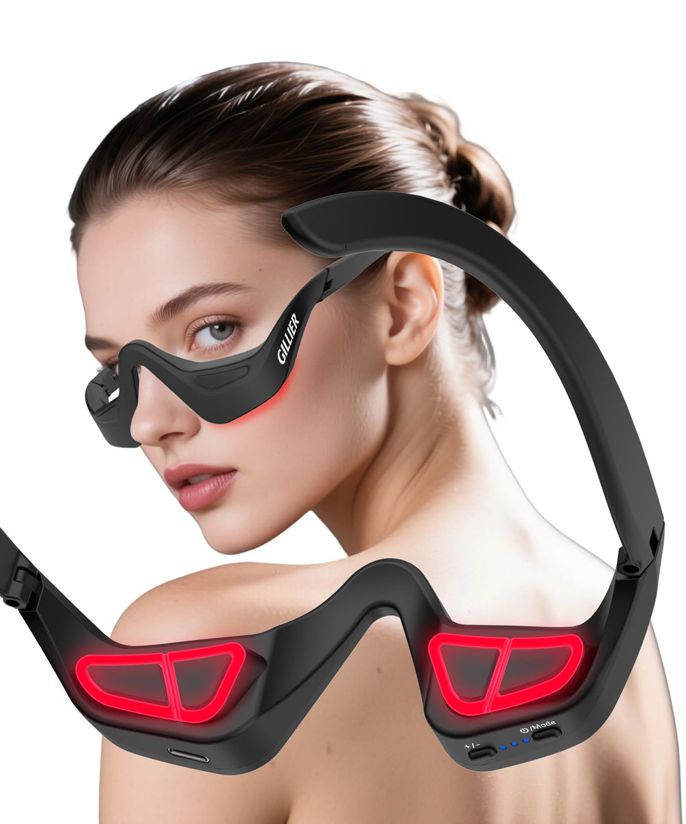 PQSNZ Eye Red Light Therapy Glasses front view with 7-color LEDs for at-home rejuvenation.