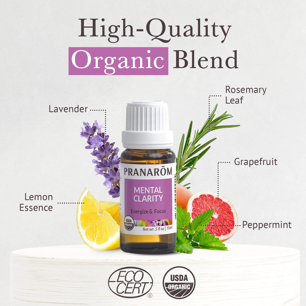 Pranarom Mental Clarity lemon-grapefruit citrus for uplifting concentration.