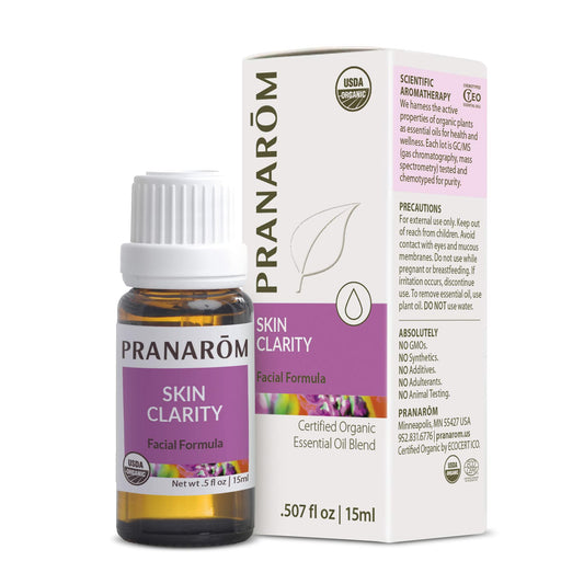 Pranarom Skin Clarity bottle, organic essential oil blend for skincare.