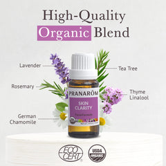 Pranarom Skin Clarity drops mid-pour, ready for topical or diffuser use.