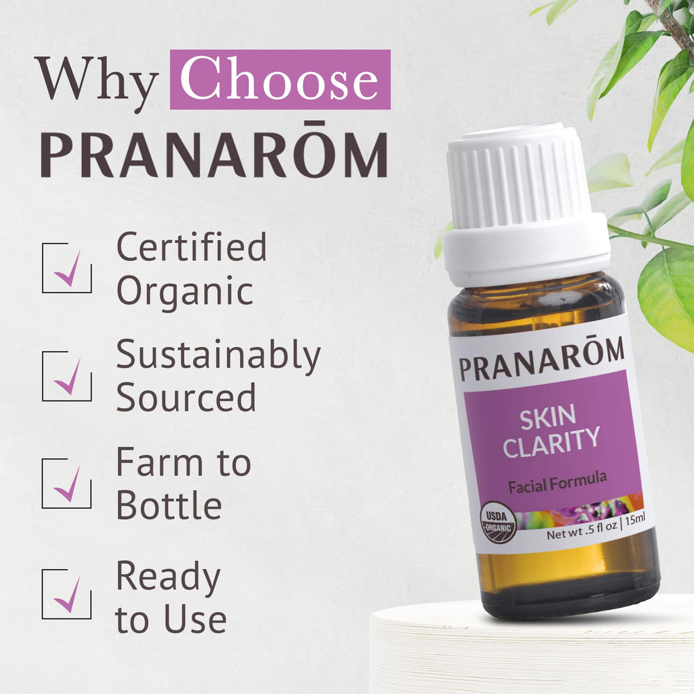Pranarom Skin Clarity packaging close-up highlighting organic sourcing.