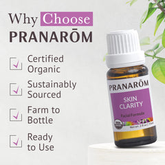Pranarom Skin Clarity packaging close-up highlighting organic sourcing.