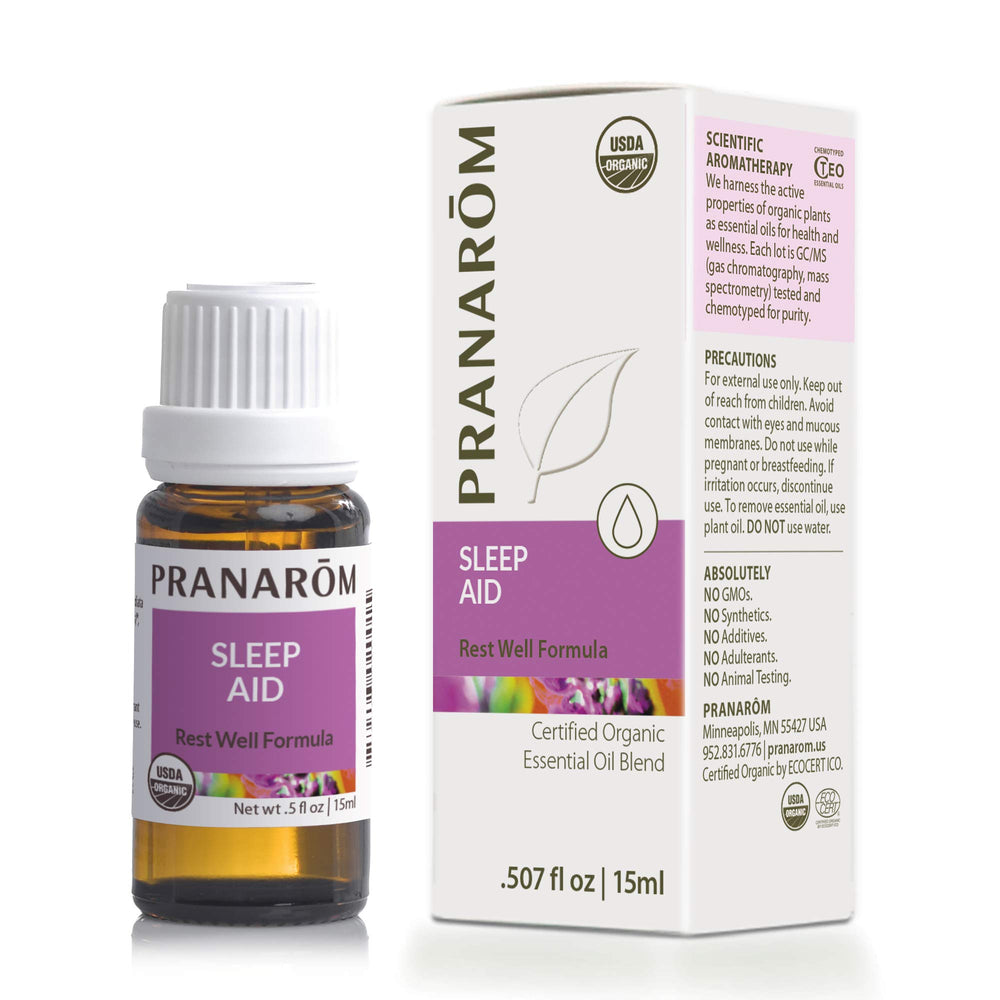 PRANAROM Sleep Aid bottle front showing lavender blend for calming diffusion