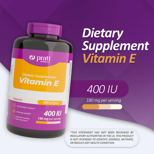 Close-up of easy-to-swallow softgels from Prati Donaduzzi Vitamin E 400 IU.