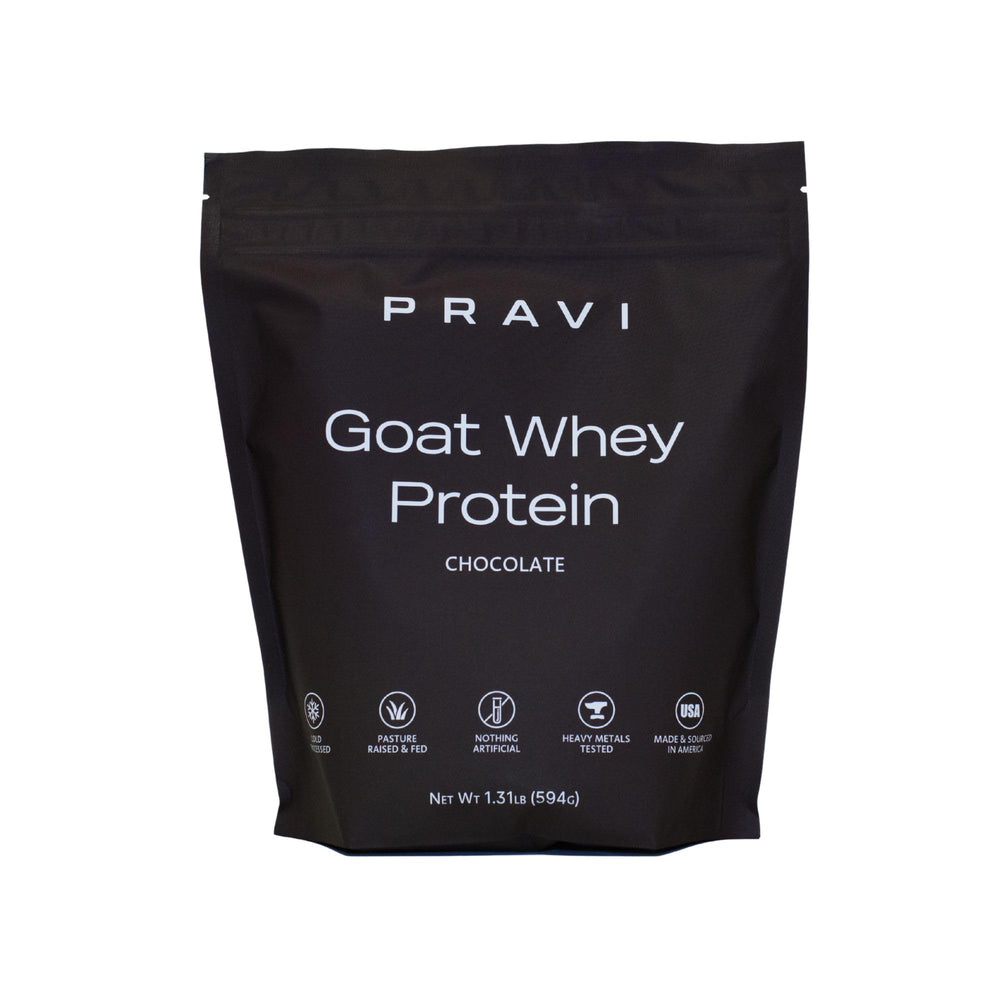 Pravi Nutrition Pure Goat Whey Powder Chocolate Sea Salt in bottle for smooth post-workout shakes