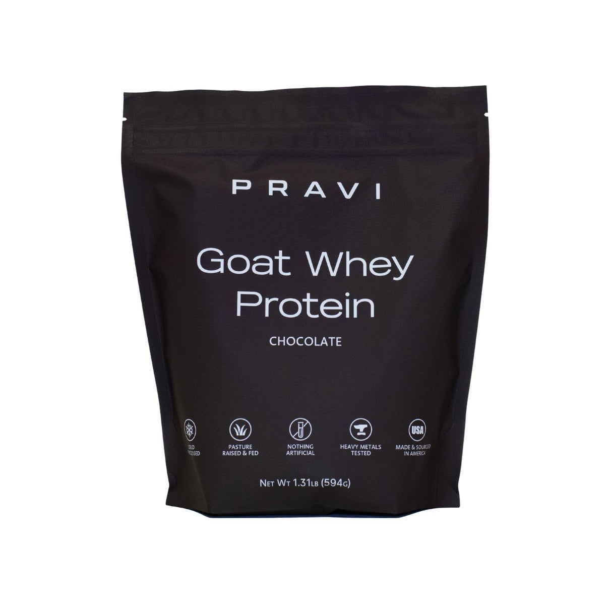 Pravi Nutrition Pure Goat Whey Powder Chocolate Sea Salt in bottle for smooth post-workout shakes