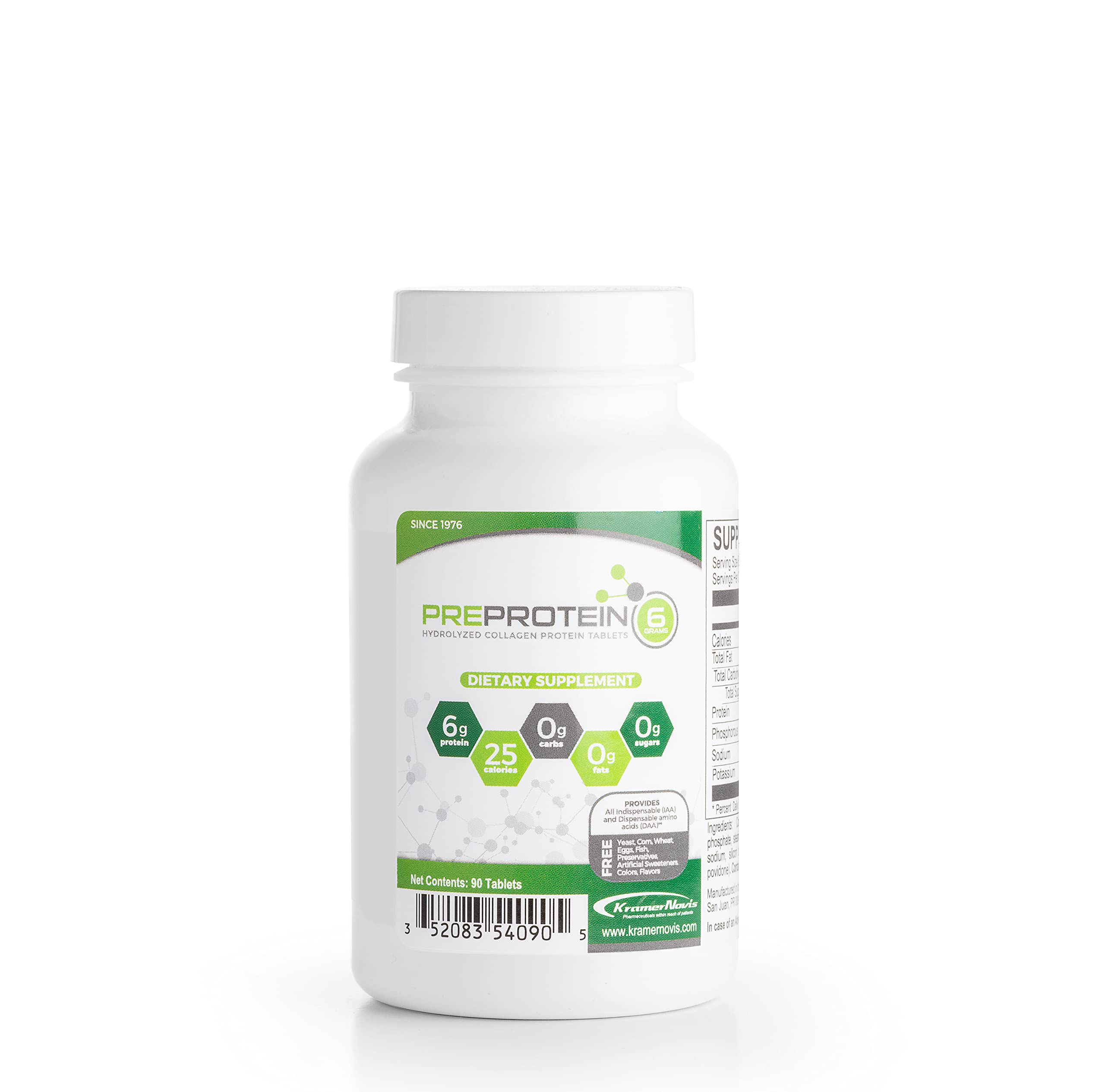 Pre-Protein hydrolyzed collagen tablets in a bottle close-up, highlighting easy absorption.