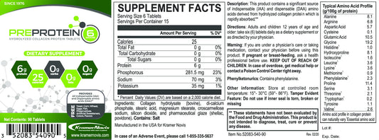 Pre-Protein hydrolyzed collagen tablets showing a 6-tablet serving for convenient protein.