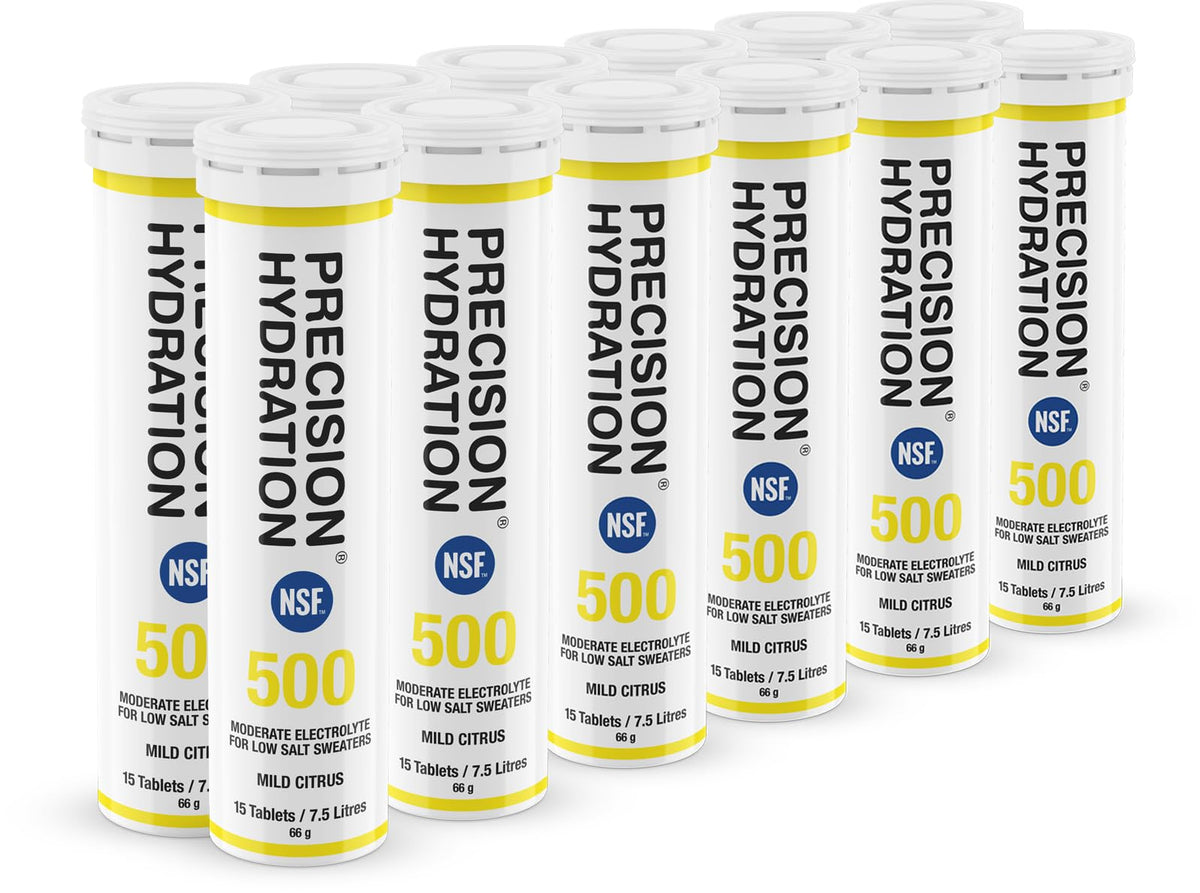 Precision Hydration electrolyte tablets in yellow tube packaging for on-the-go hydration.