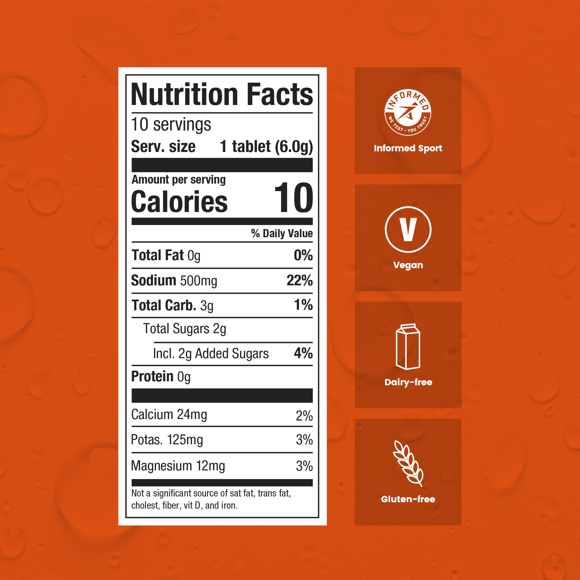 Precision Hydration orange tablets in a glass with a refreshing fizz.