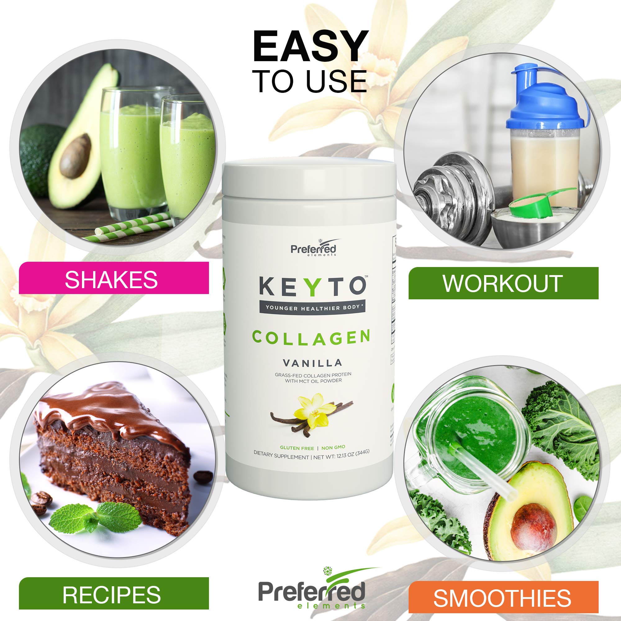 Preferred Elements ingredients label highlights grass-fed collagen and MCT oil.