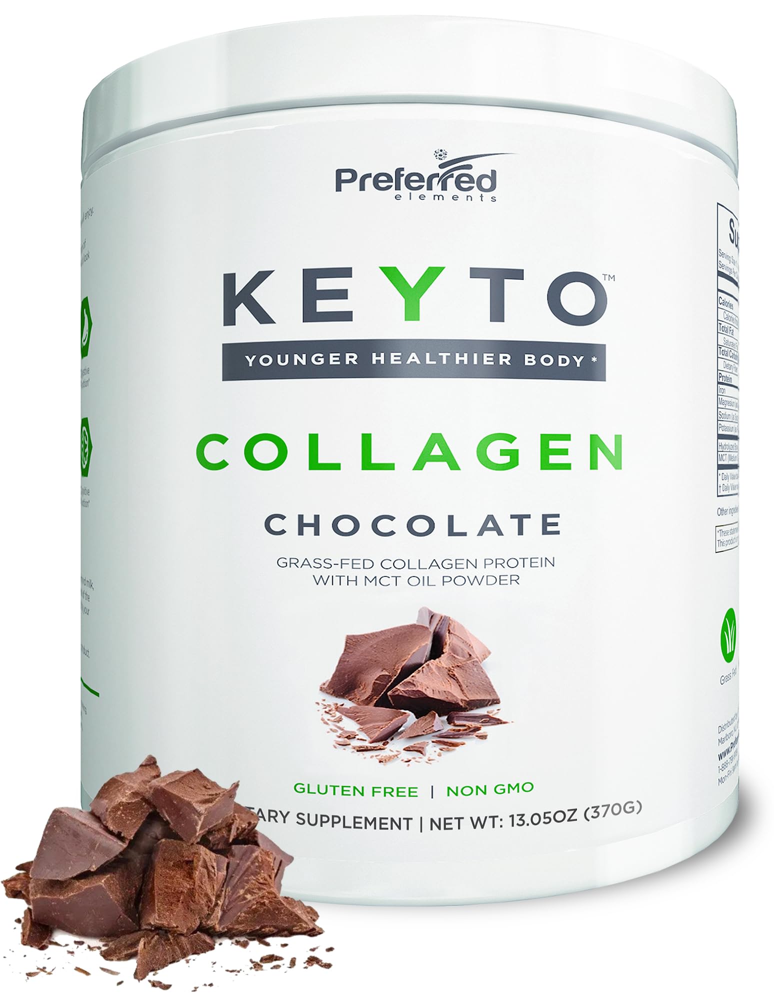 Preferred Elements Keto Collagen Powder bottle highlights grass-fed formula for keto-friendly routines.