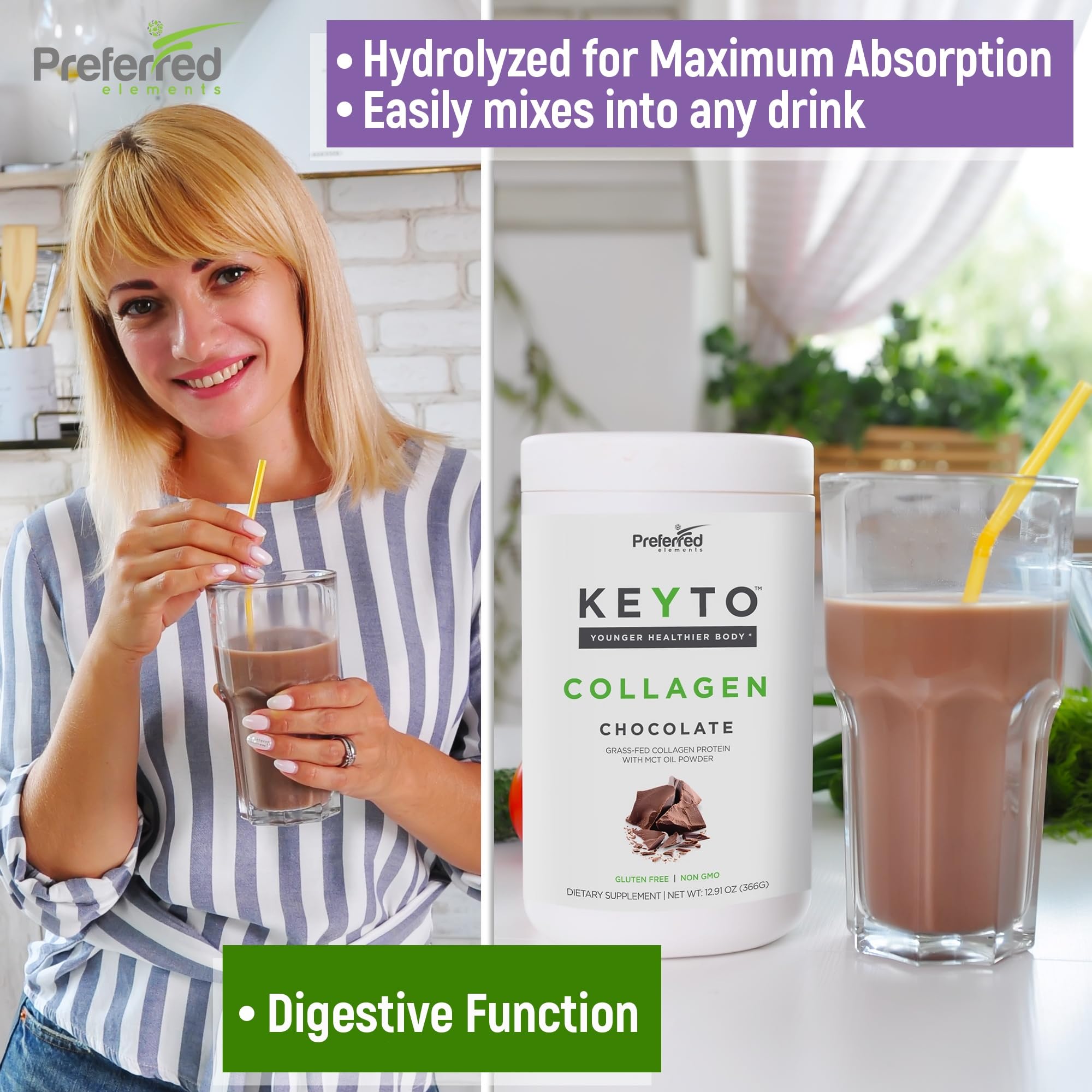 Preferred Elements Keto Collagen Powder scoop beside a ready shake for daily protein.