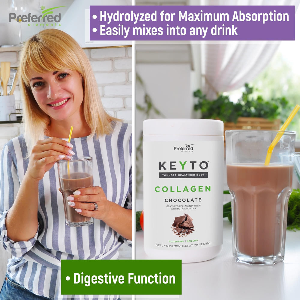 Preferred Elements Keto Collagen Powder scoop beside a ready shake for daily protein.