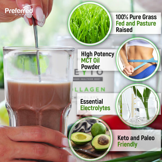 Preferred Elements Keyto Chocolate label closeup highlights premium ingredients for protein shakes.
