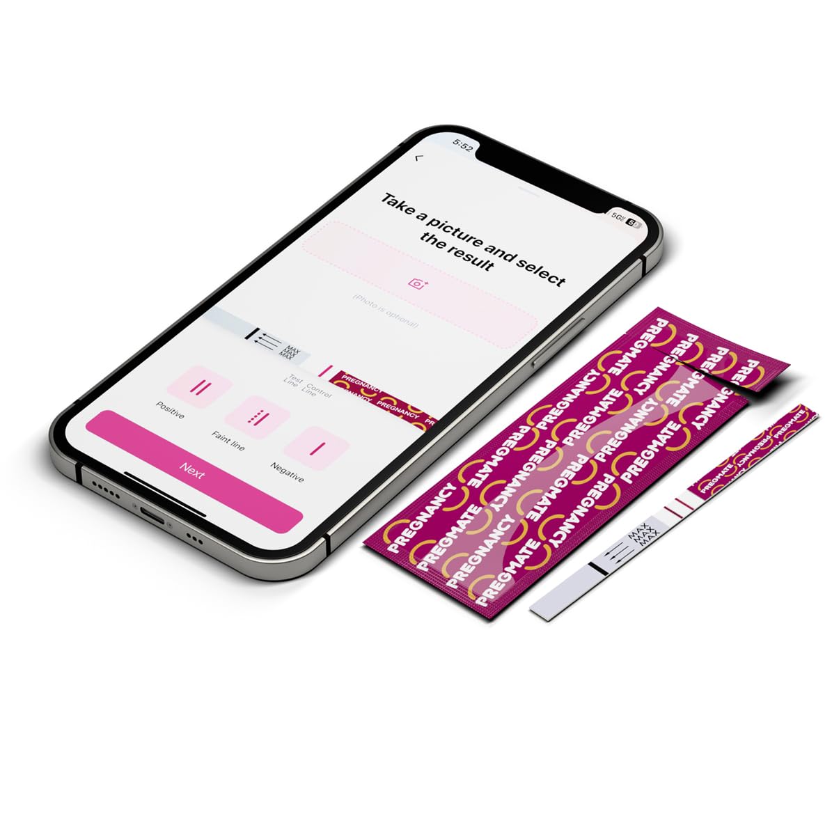 Pregmate test strips on sink illustrate a quick, easy home testing setup.