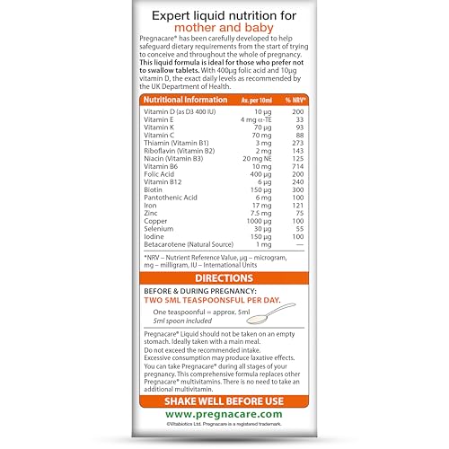 Pregnacare Liquid bottle pouring to illustrate easy daily prenatal intake.
