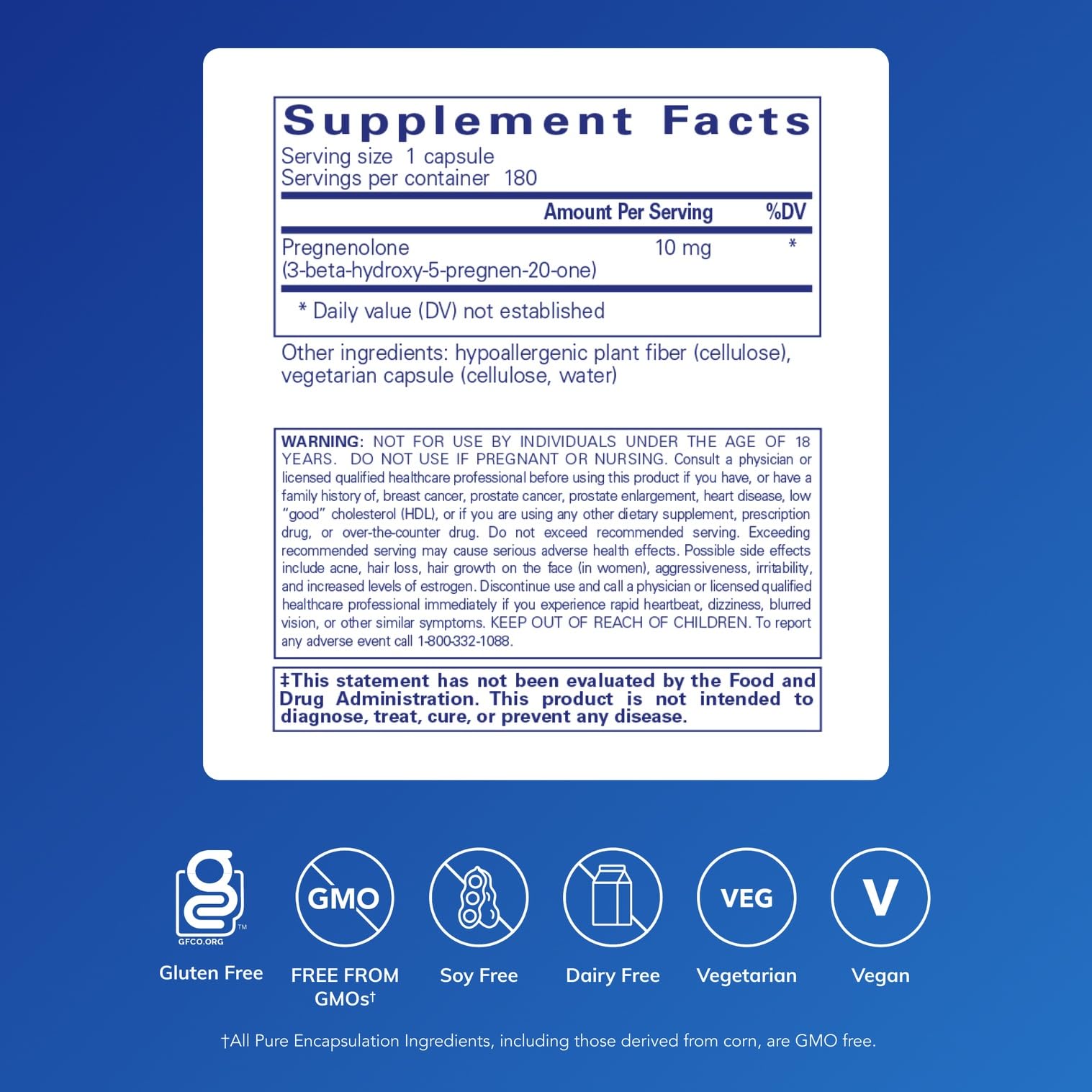 Pregnenolone 10 mg label closeup highlighting potency for memory support