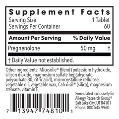 Pregnenolone 50 mg micronized capsules bottle shows easy-to-swallow form.