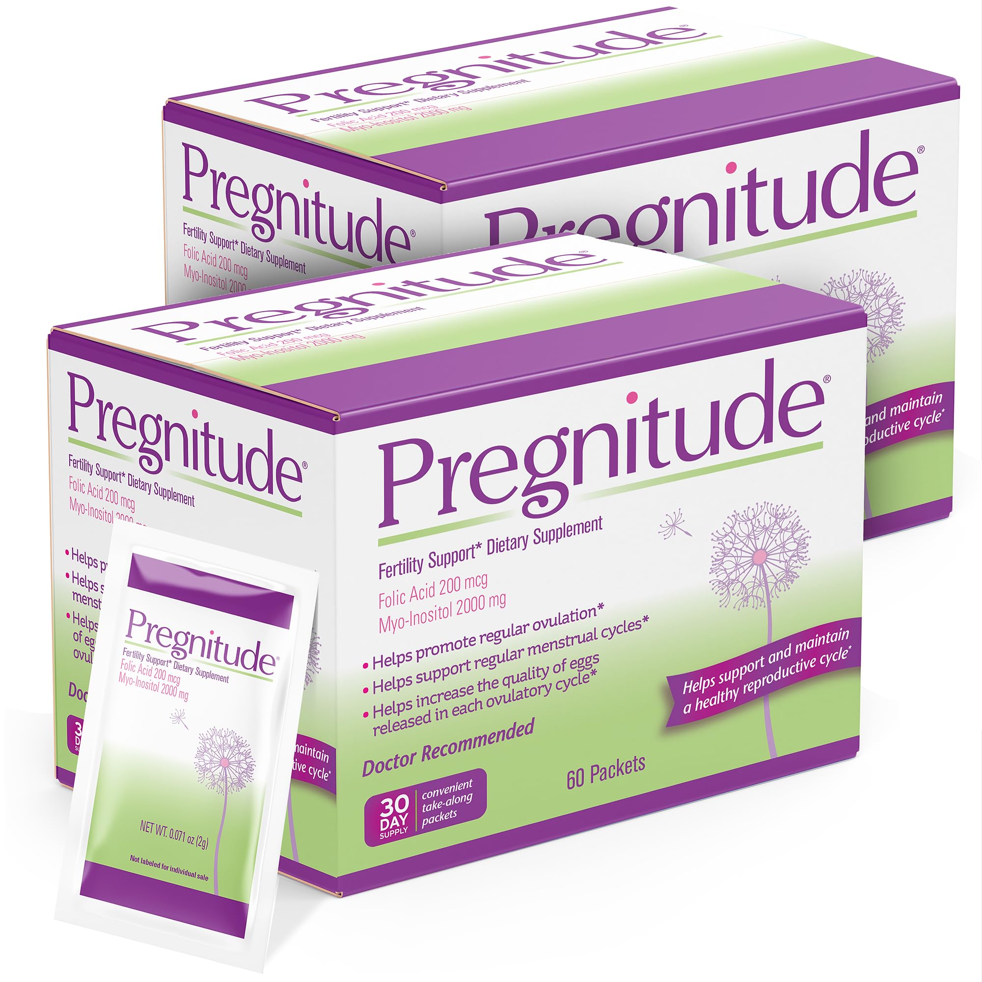 Pregnitude 120-packets box showing convenient fertility support for busy lifestyles.