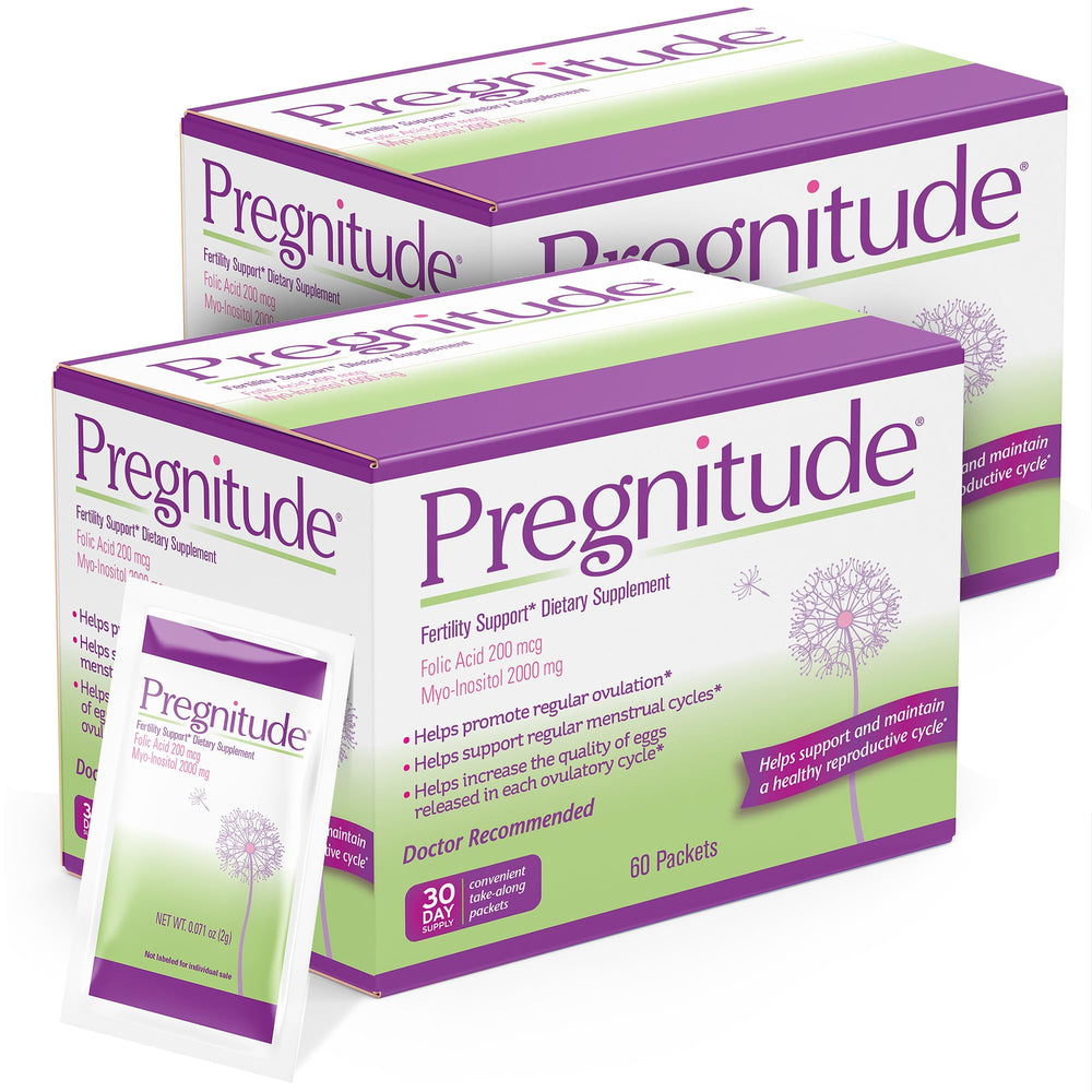 Pregnitude 120-packets box showing convenient fertility support for busy lifestyles.