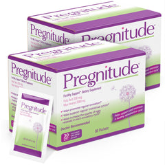 Pregnitude 120-packets box showing convenient fertility support for busy lifestyles.