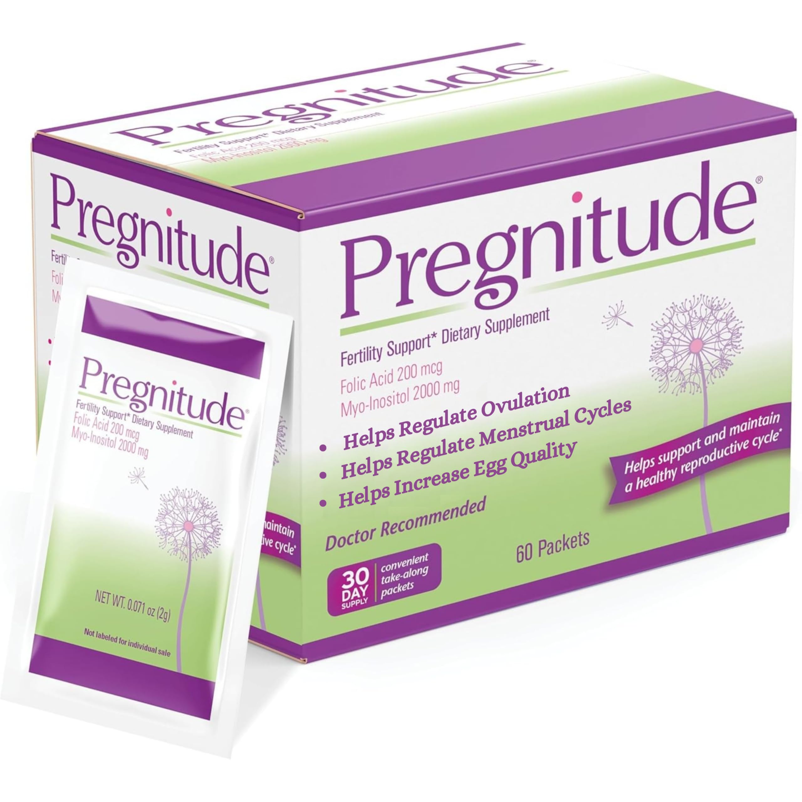 Pregnitude bottle with open packets for convenient daily use.