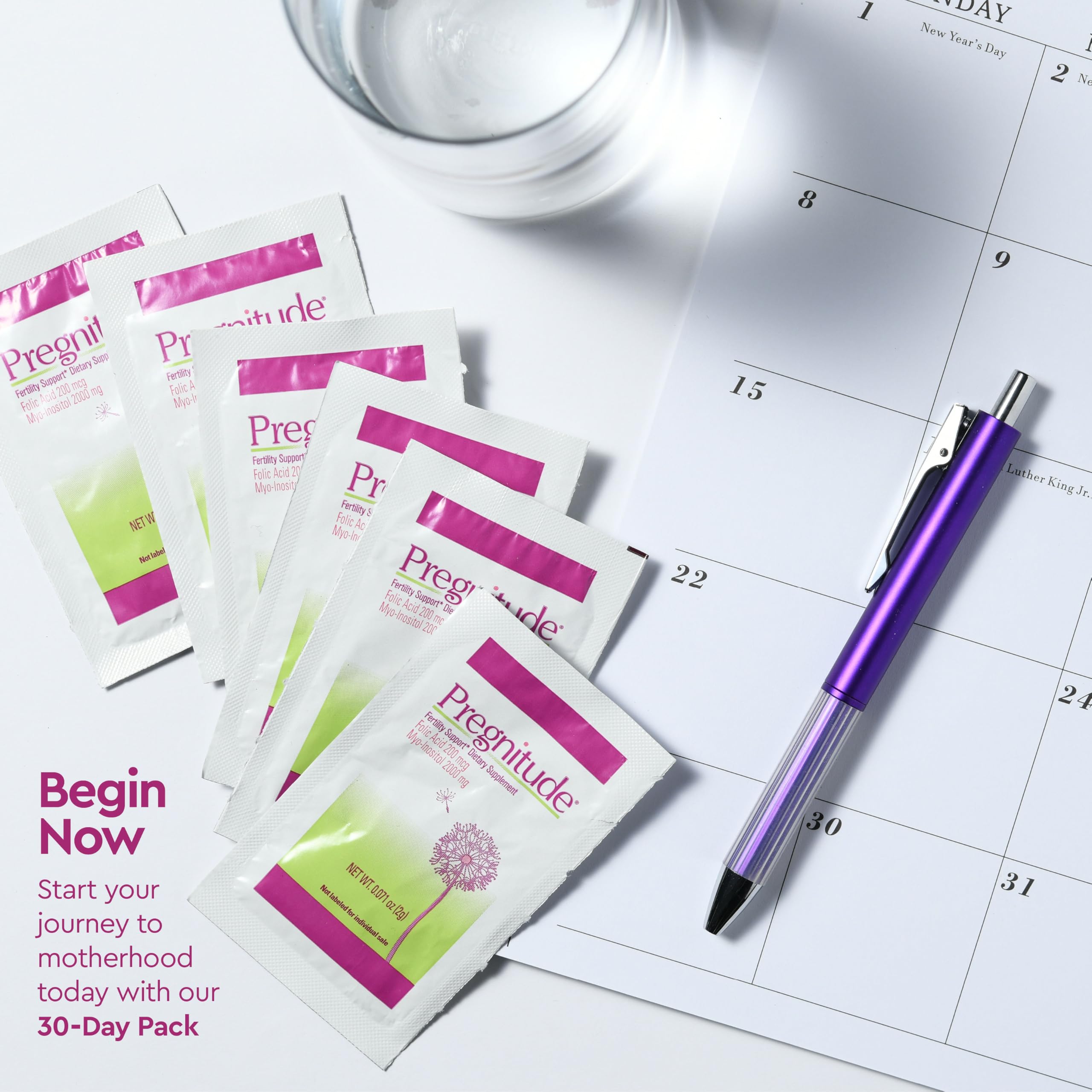 Pregnitude box front view highlighting a 60-day supply and easy packet format.