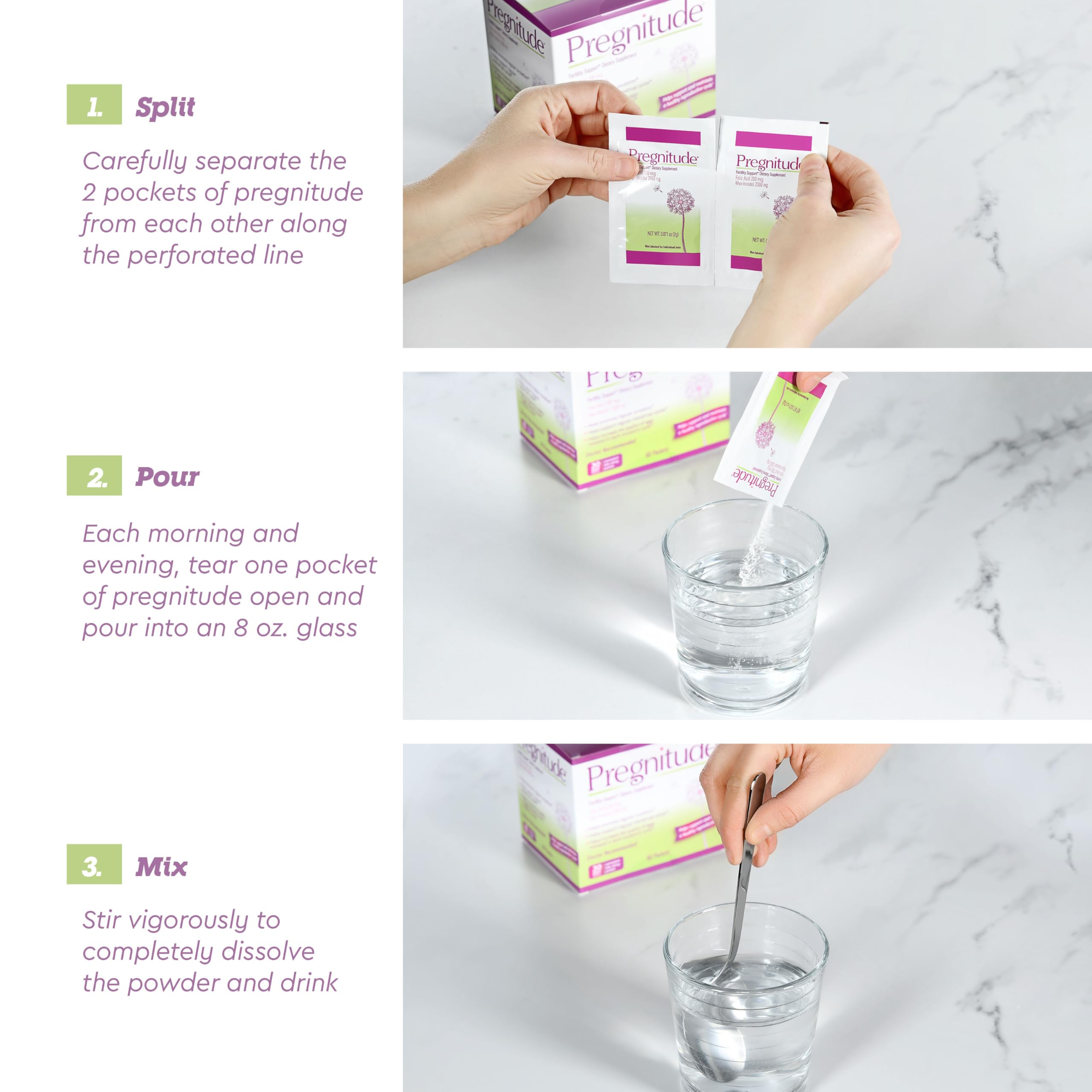 Pregnitude packet dissolving in water to create a tasteless, odorless drink.