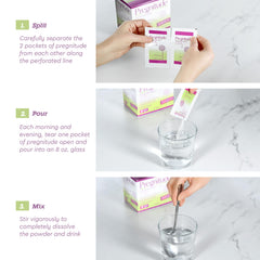 Pregnitude packet dissolving in water to create a tasteless, odorless drink.