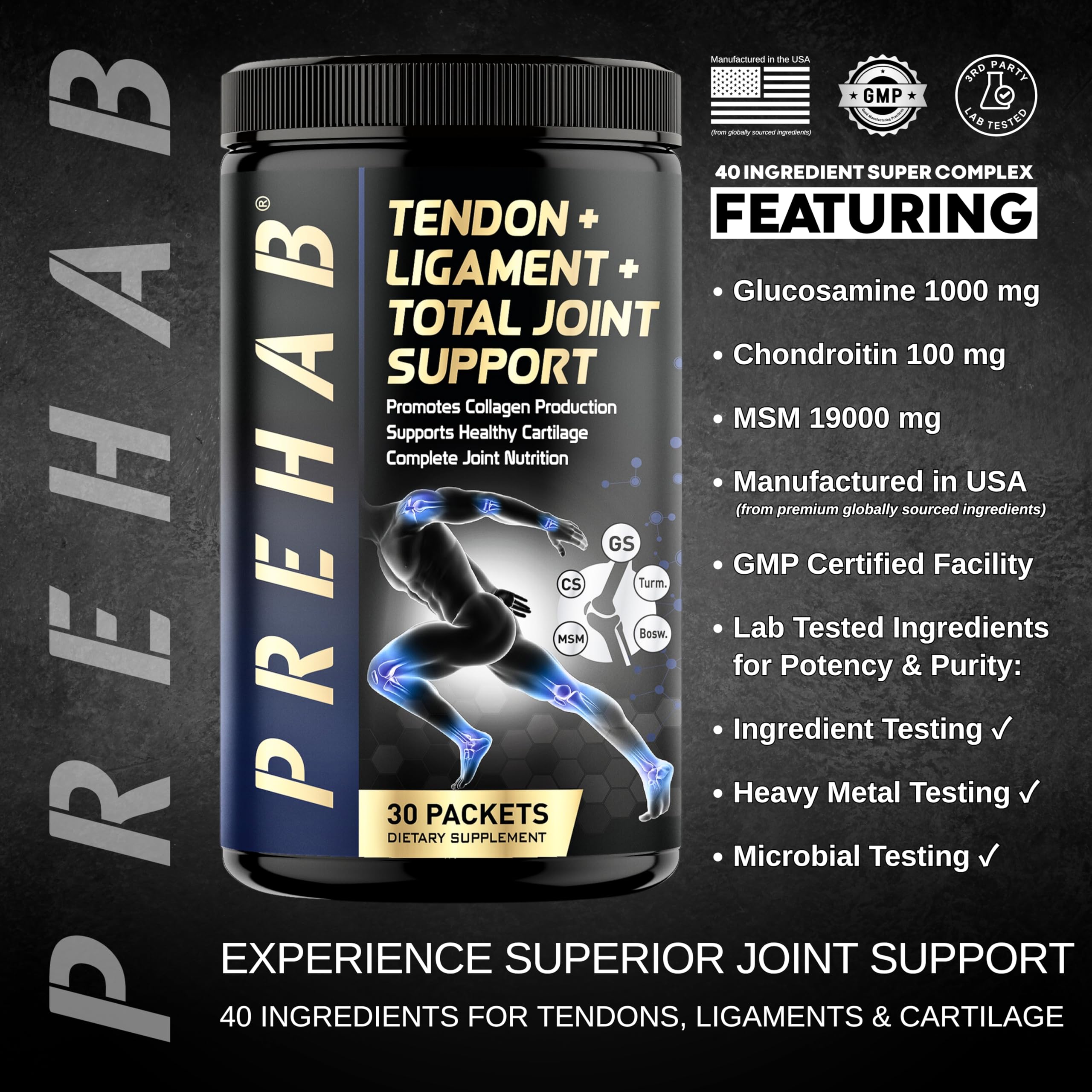 Close-up of PREHAB daily-use packets for consistent joint support