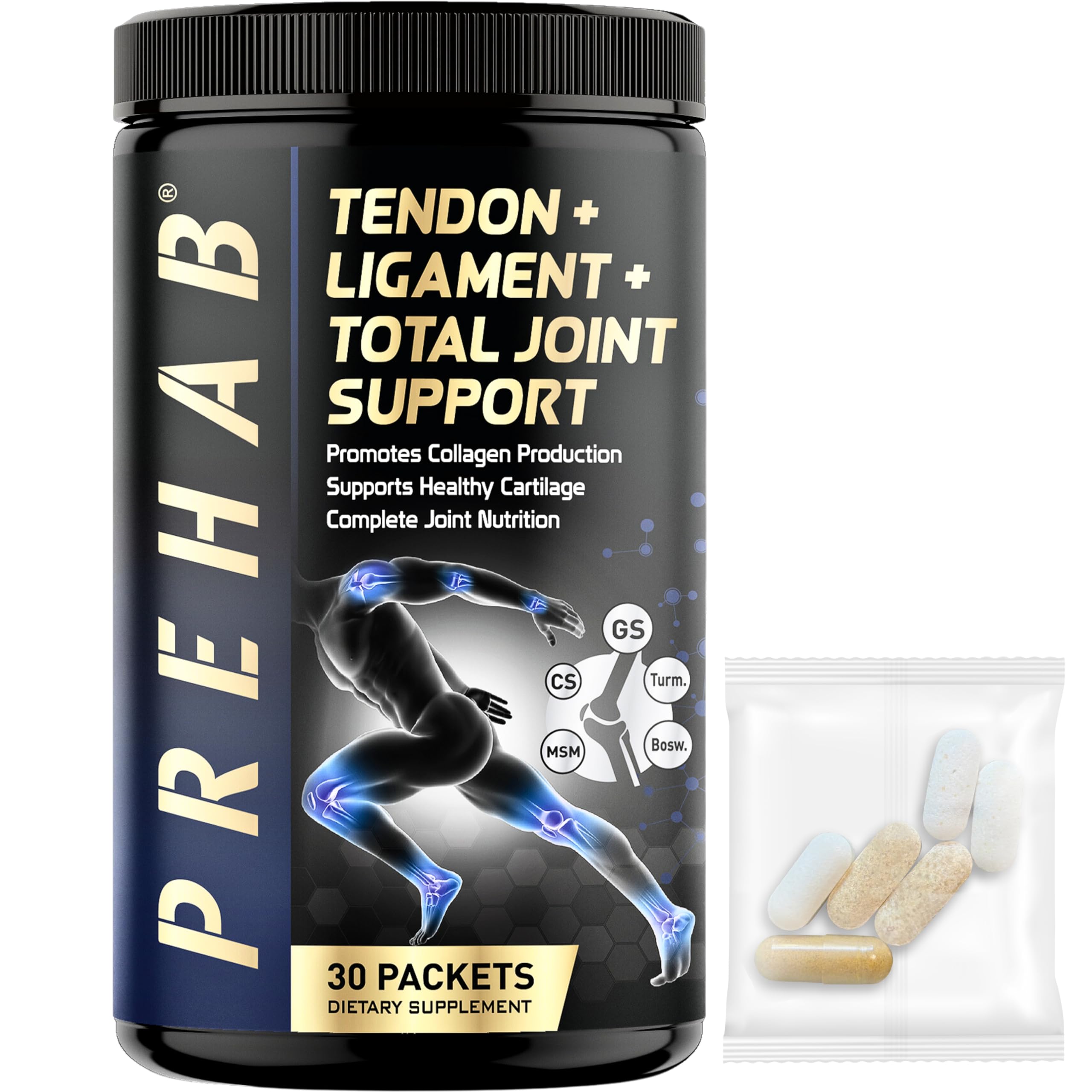 PREHAB bottle showing the 40-ingredient joint formula for active joints
