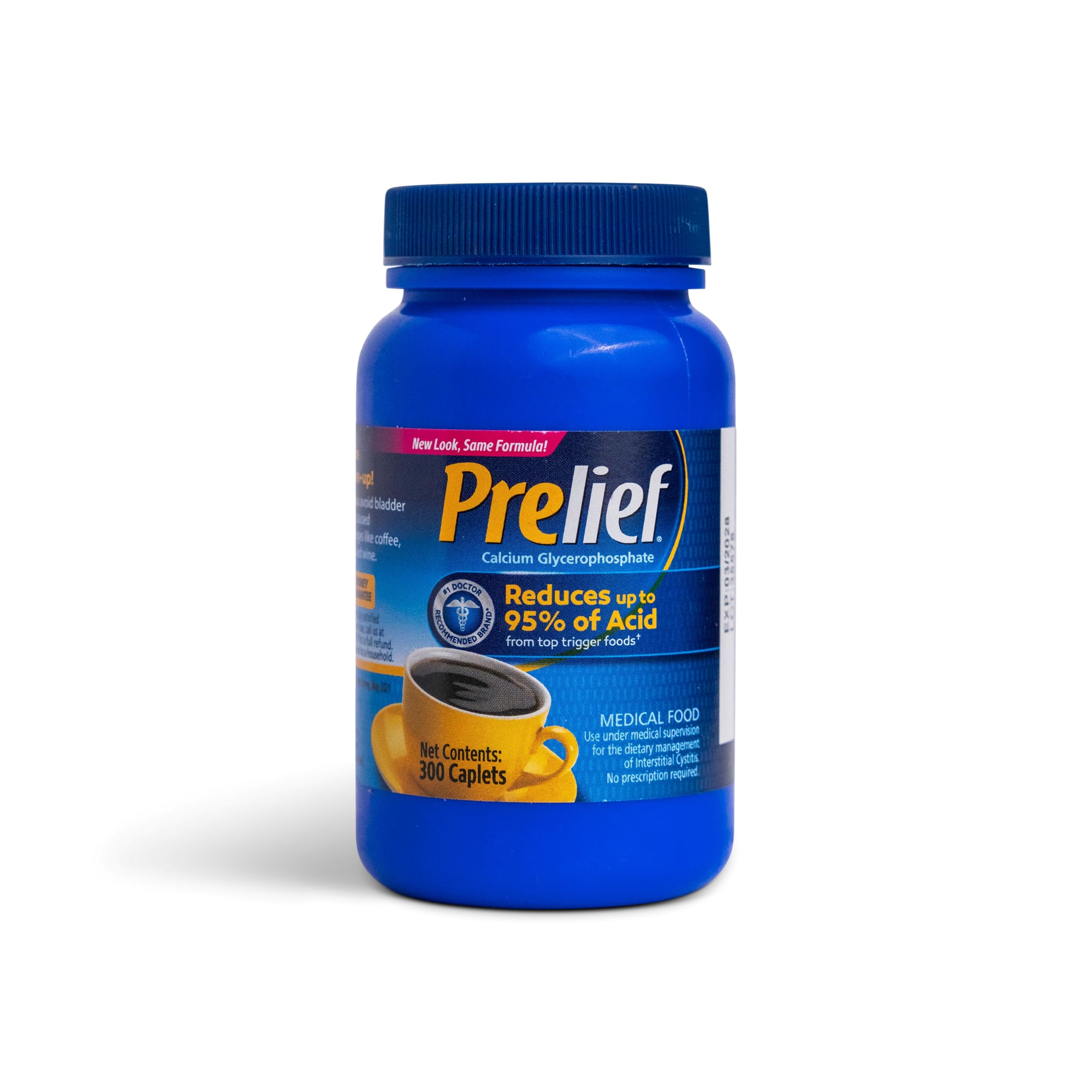 Prelief acid reducer caplets bottle closeup showing potential acid reduction during meals