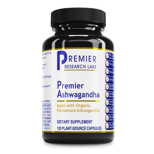 Premier Ashwagandha bottle front for stress support and calm.