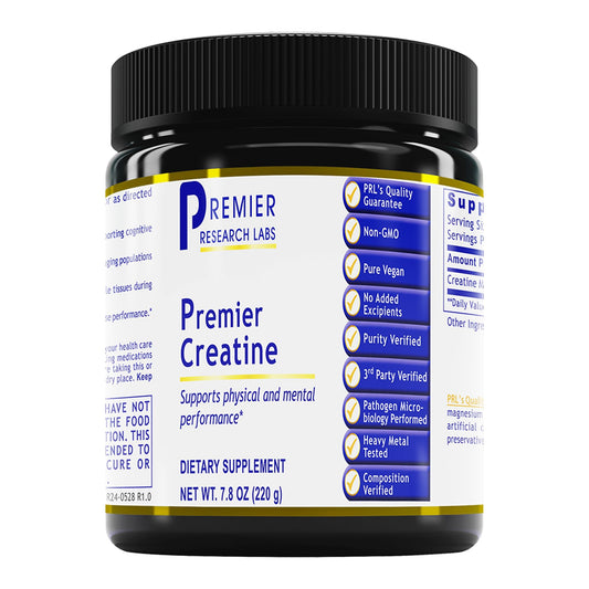 Premier Research Labs Premier Creatine powder container open, unflavored vegan formula.