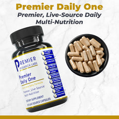 Premier Daily One bottle closeup label showing cruciferous greens and milk thistle
