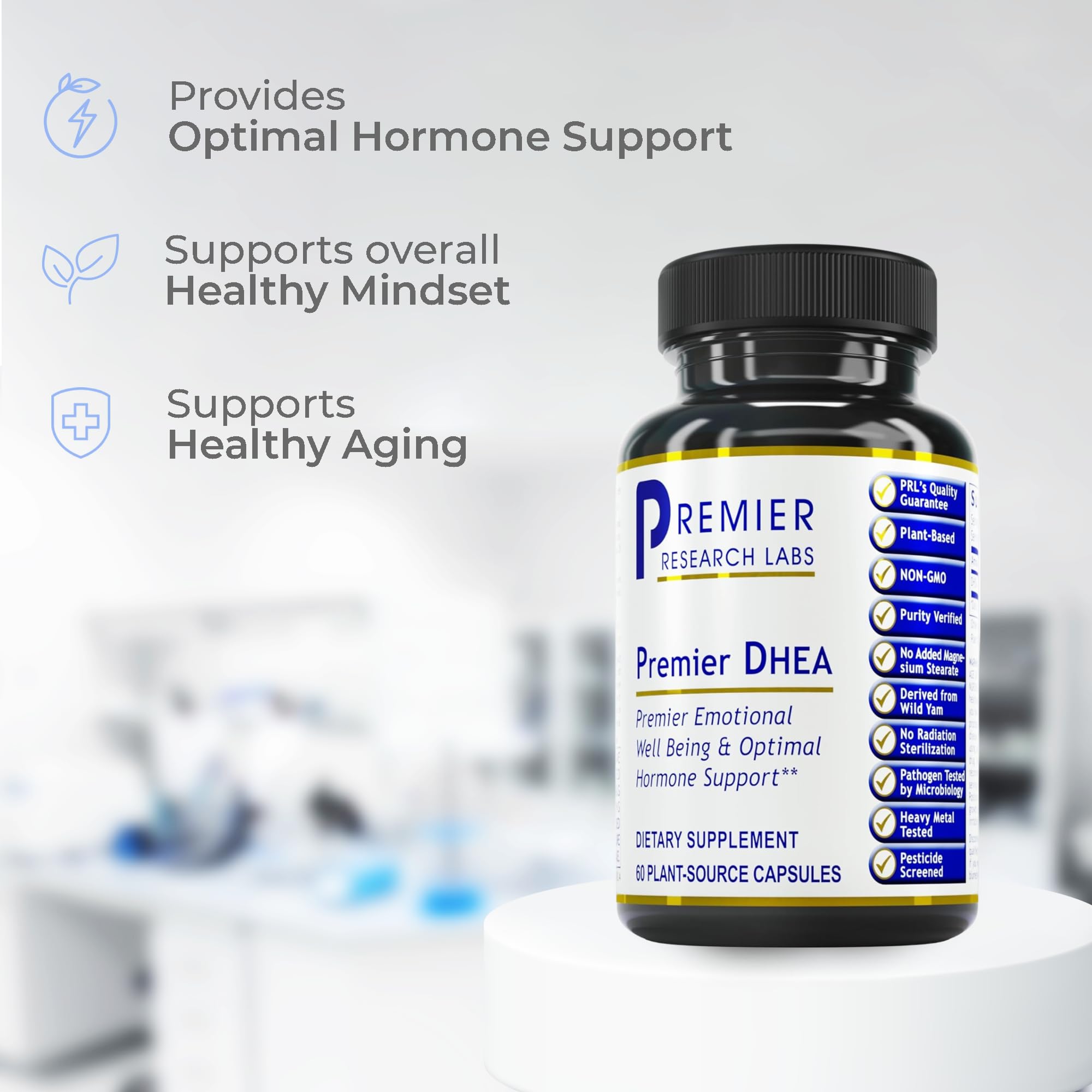 Premier DHEA packaging communicates vegan-friendly hormone support.