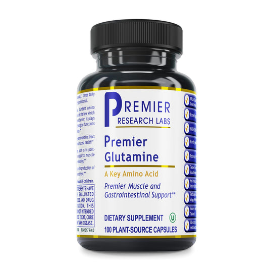 Premier Glutamine bottle front shows Premier Research Labs packaging for daily use.