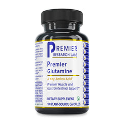 Premier Glutamine bottle front shows Premier Research Labs packaging for daily use.
